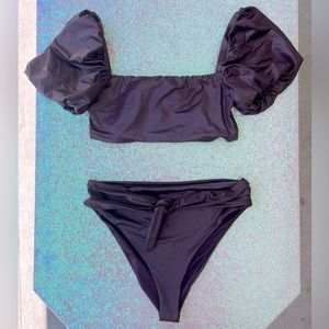 Metallic Chocolate Brown Puff Sleeve Tie High Waist Bikini